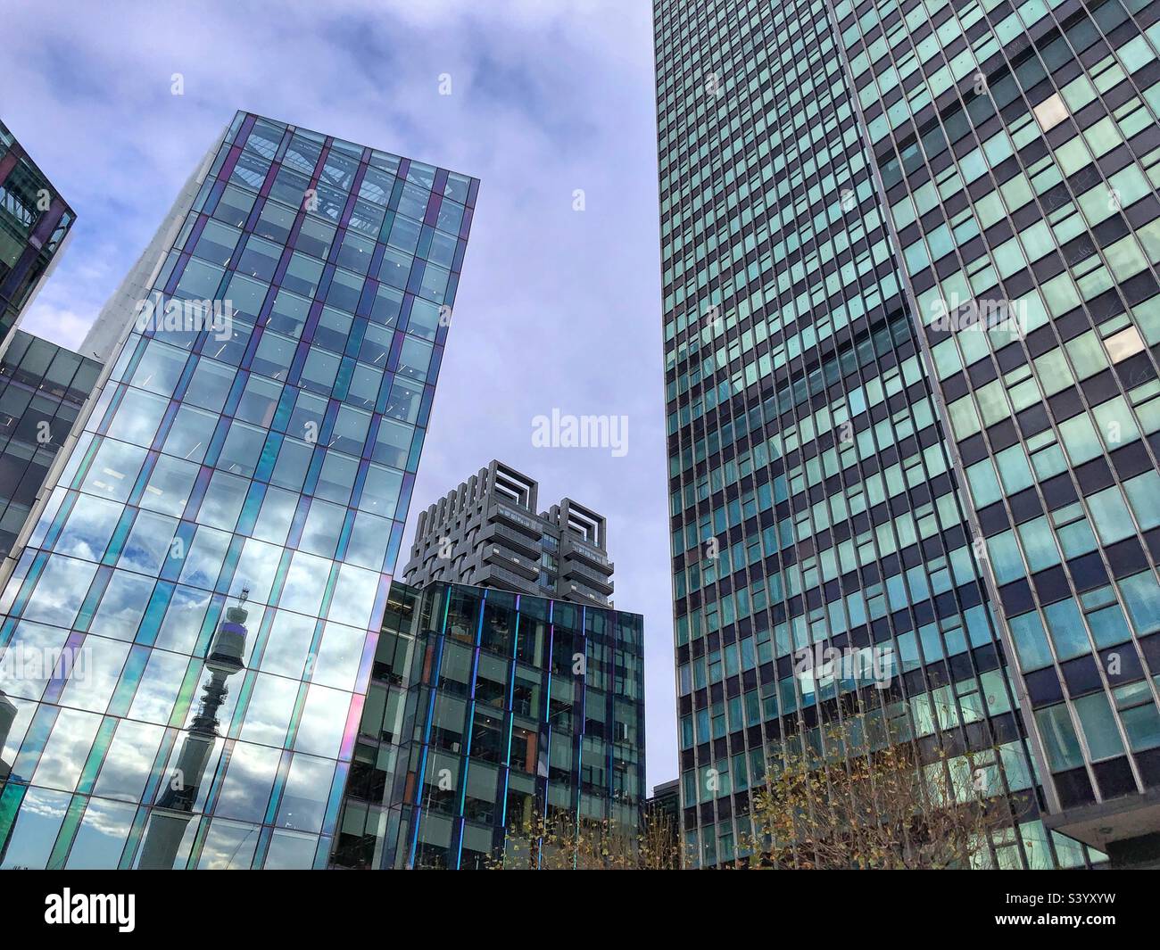 Regent’s Tower with BT tower reflection London uk - Smartphone Captured Stock Image