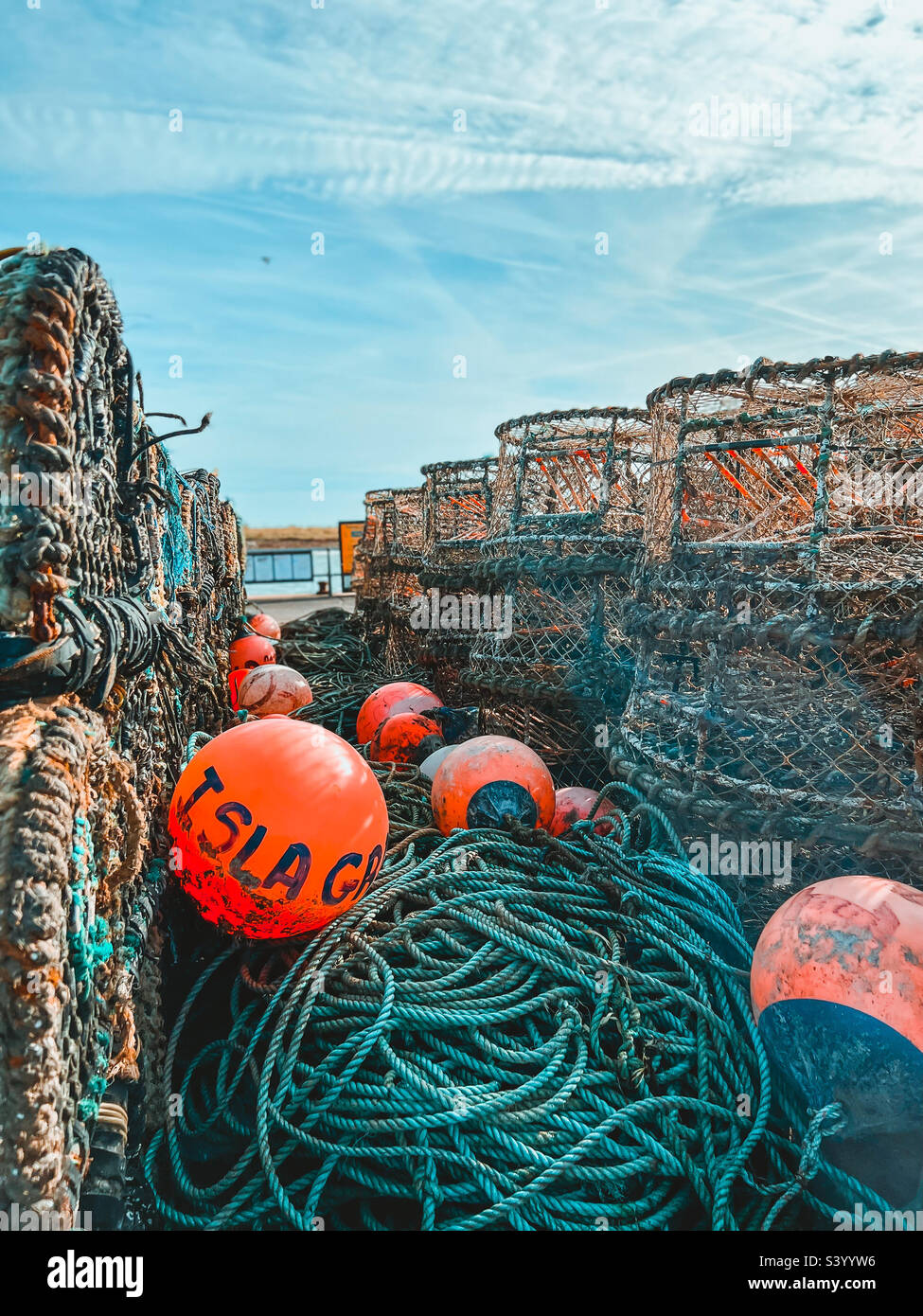 Crab pots, monster pots, ropes, buoys and fishing equipment on the