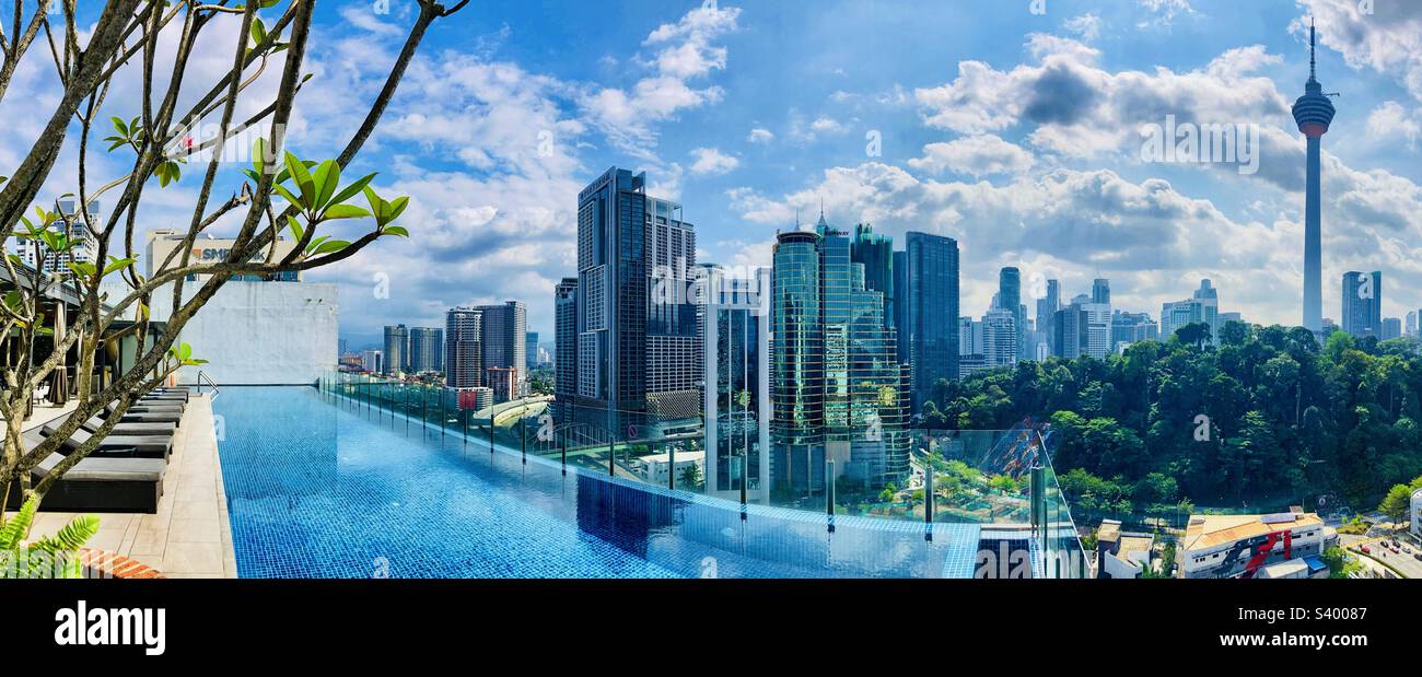 Rooftop pool panoramic view of the Kuala Lumpur skyline from the Hotel Stripes Malaysia - Smartphone Captured Stock Image