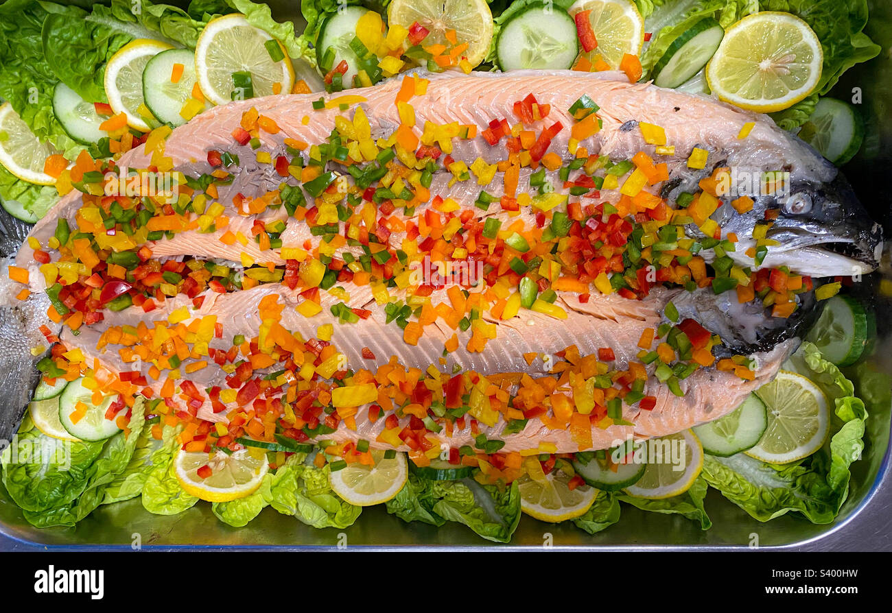 Looking down at a steamed salmon garnished with chopped bell peppers on a bed of lettuce. - Smartphone Captured Stock Image