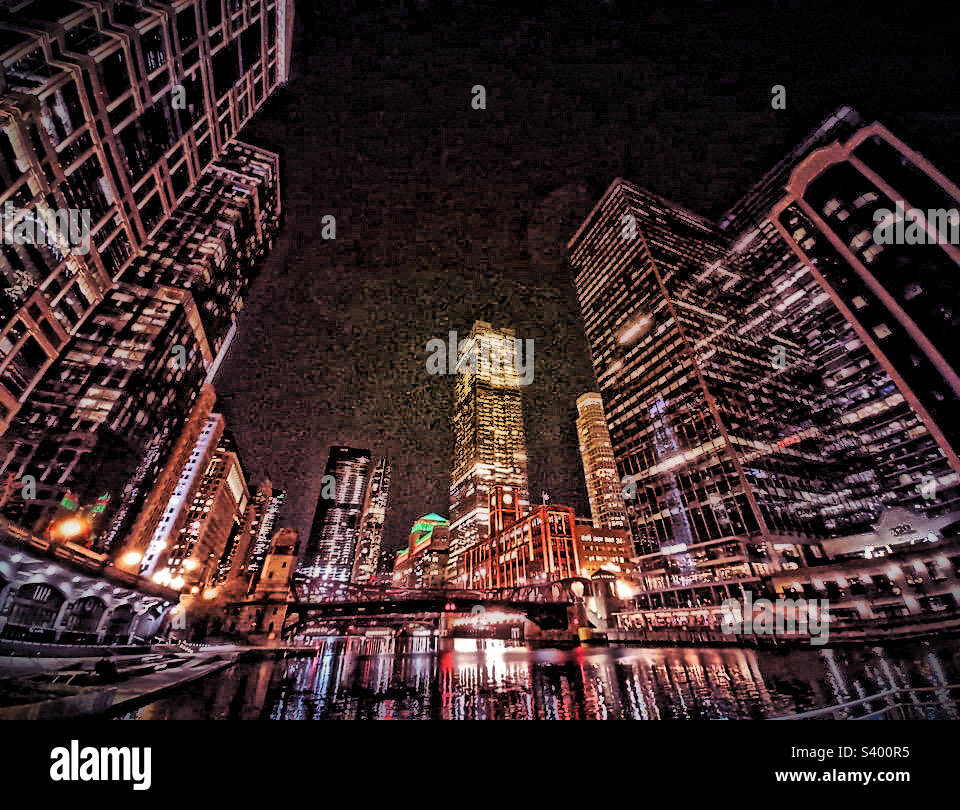 Chicago Night River Sceen - Smartphone Captured Stock Image