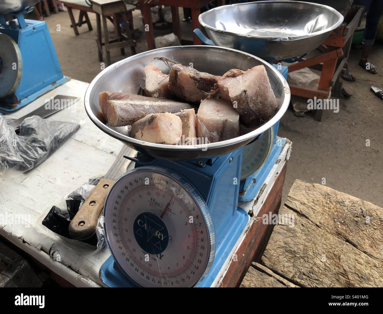 Sliced fish on the food scale in the market. This is a local fish