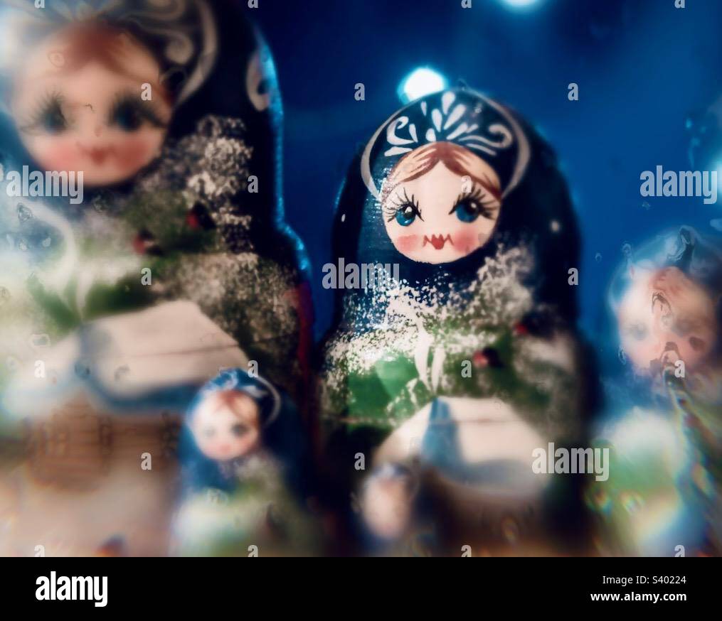 Collection on wintery Russia Dolls with misty surround putting focus on one face. - Smartphone Captured Stock Image