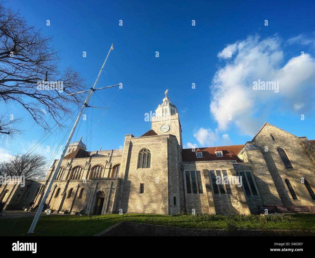 View of the exterior of Portsmouth Cathedral built in stages and weather vane - Smartphone Captured Stock Image