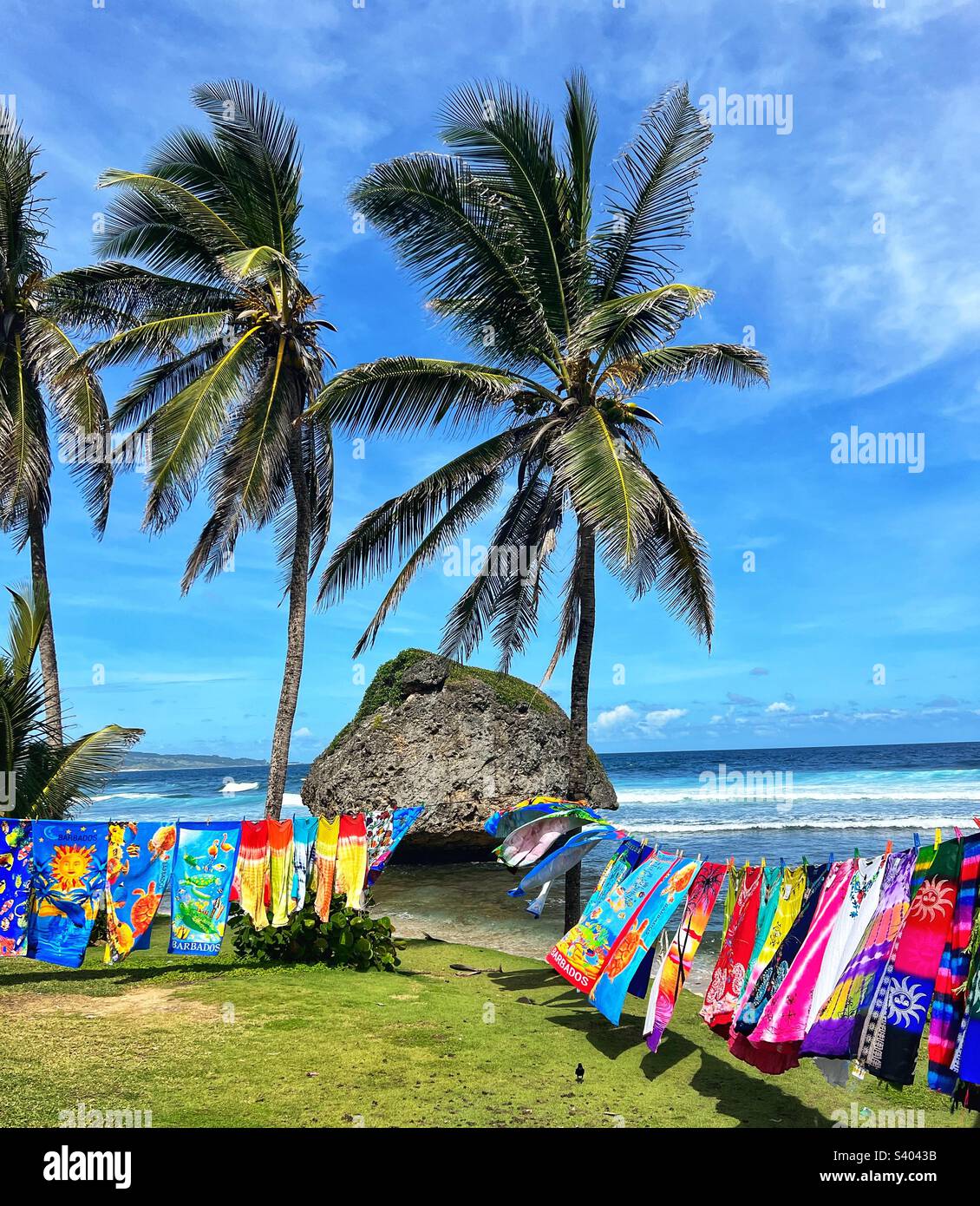 Bathsheba Beach in Barbados showing beach wraps on sale from the Beach Vendors, palm trees and a large rock - Smartphone Captured Stock Image Bathsheba Beach in Barbados showing beach wraps on sale from the Beach Vendors, palm trees and a large rock - Smartphone Captured Stock Image