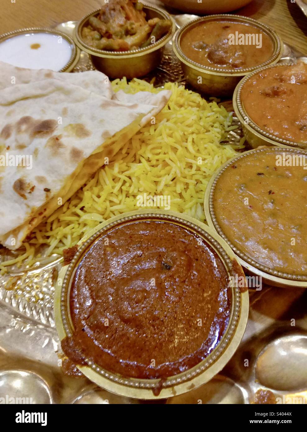 Amazing Indian food. Basmati rice, pancakes and many different souce Stock Photo
