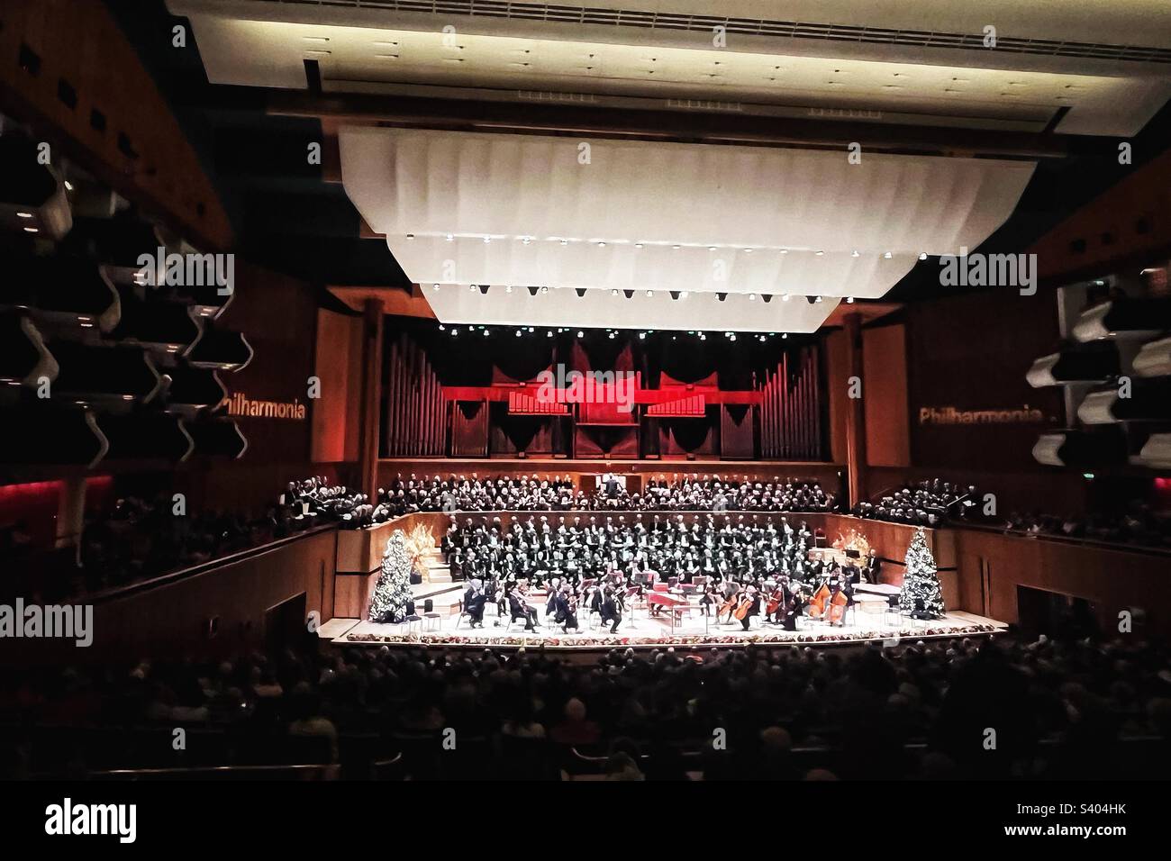 Royal Festival Hall performance of Handel’s Messiah by Philharmonia Orchestra and Highgate Choral Society, Goldsmiths Choral Union and English Concert Chorus - stage at Christmas - Smartphone Captured Stock Image