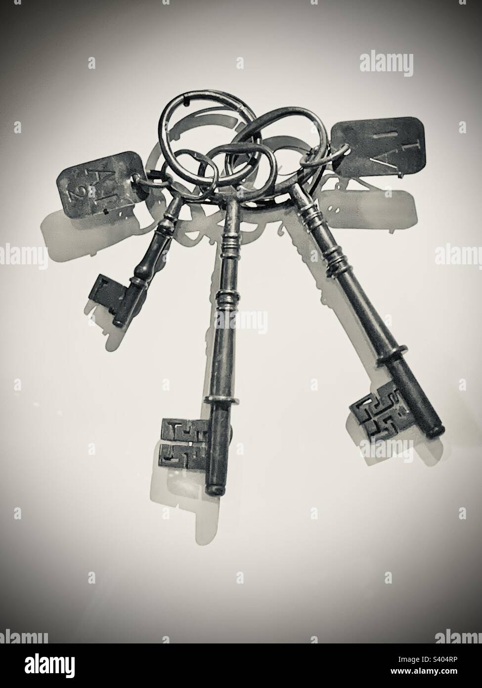 Old set of keys on display in the White Tower Armouries at the Tower of