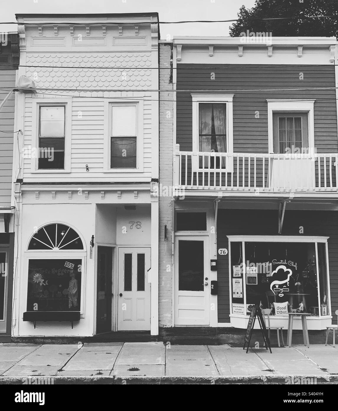 June, 2022, Black and white image of storefronts in Ballston Spa, Saratoga County, New York, United States - Smartphone Captured Stock Image