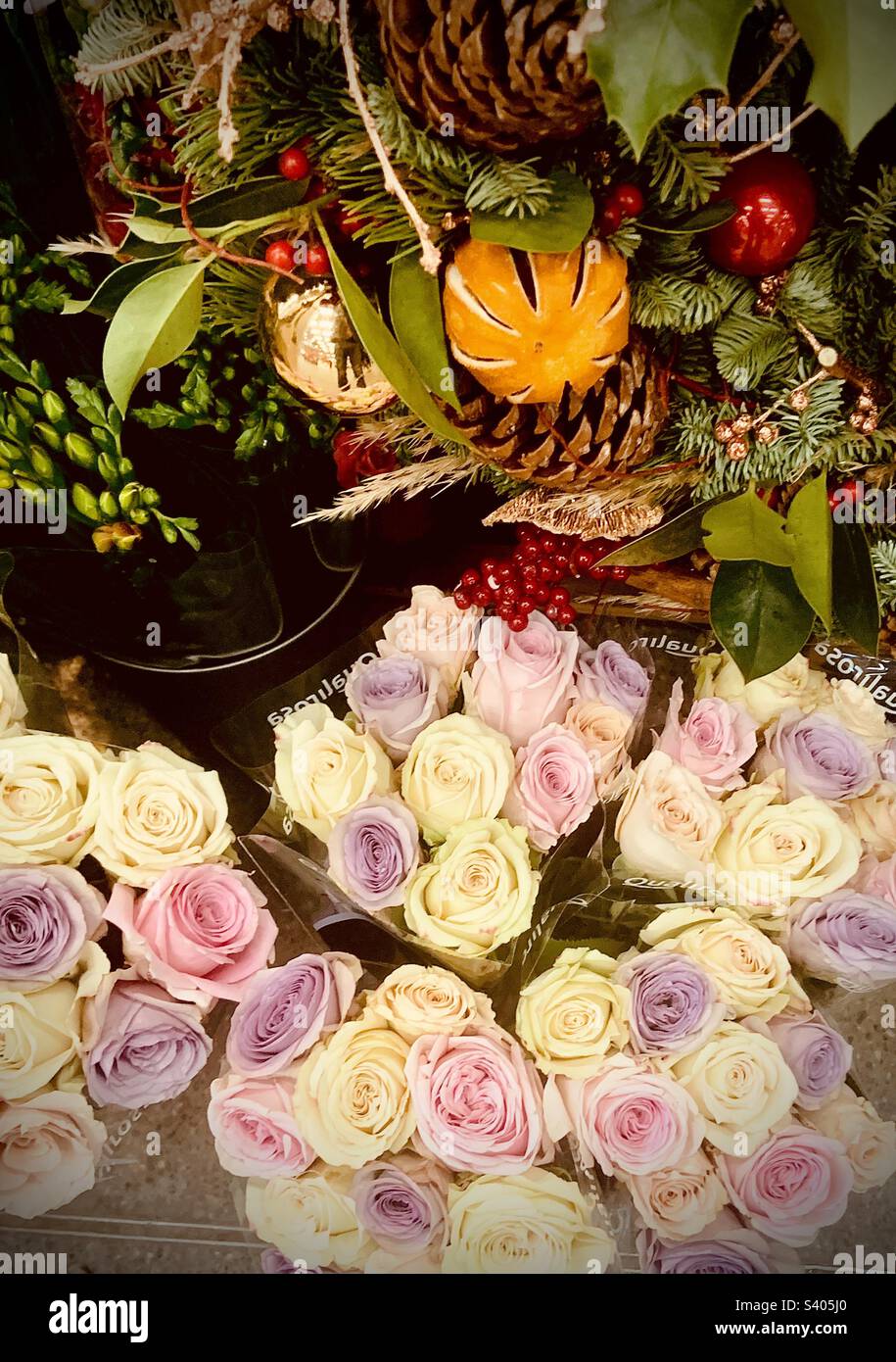 A christmas display alongside pastel coloured roses Stock Photo - Alamy