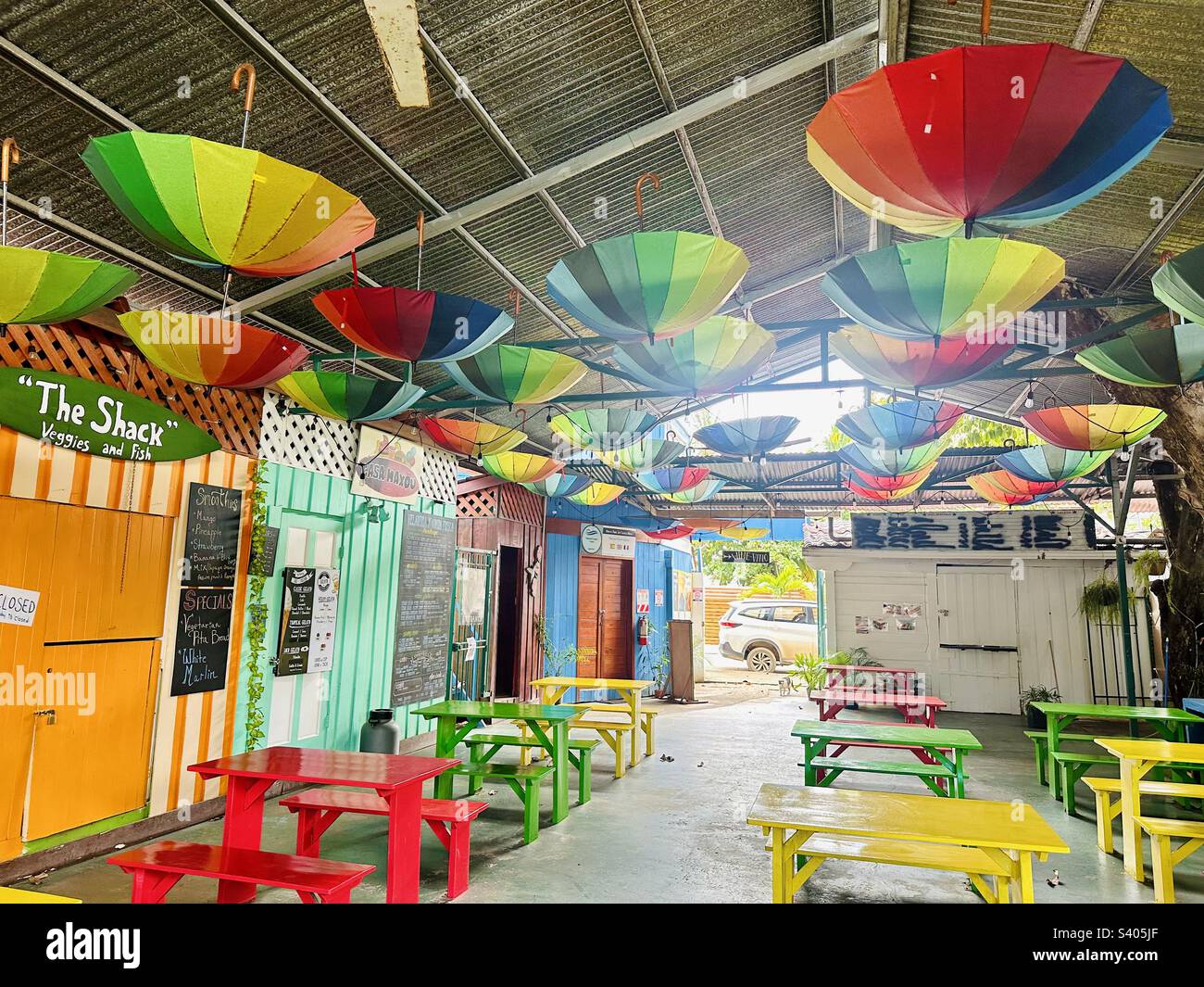 Rainbow umbrella ceiling in atrium Stock Photo Alamy