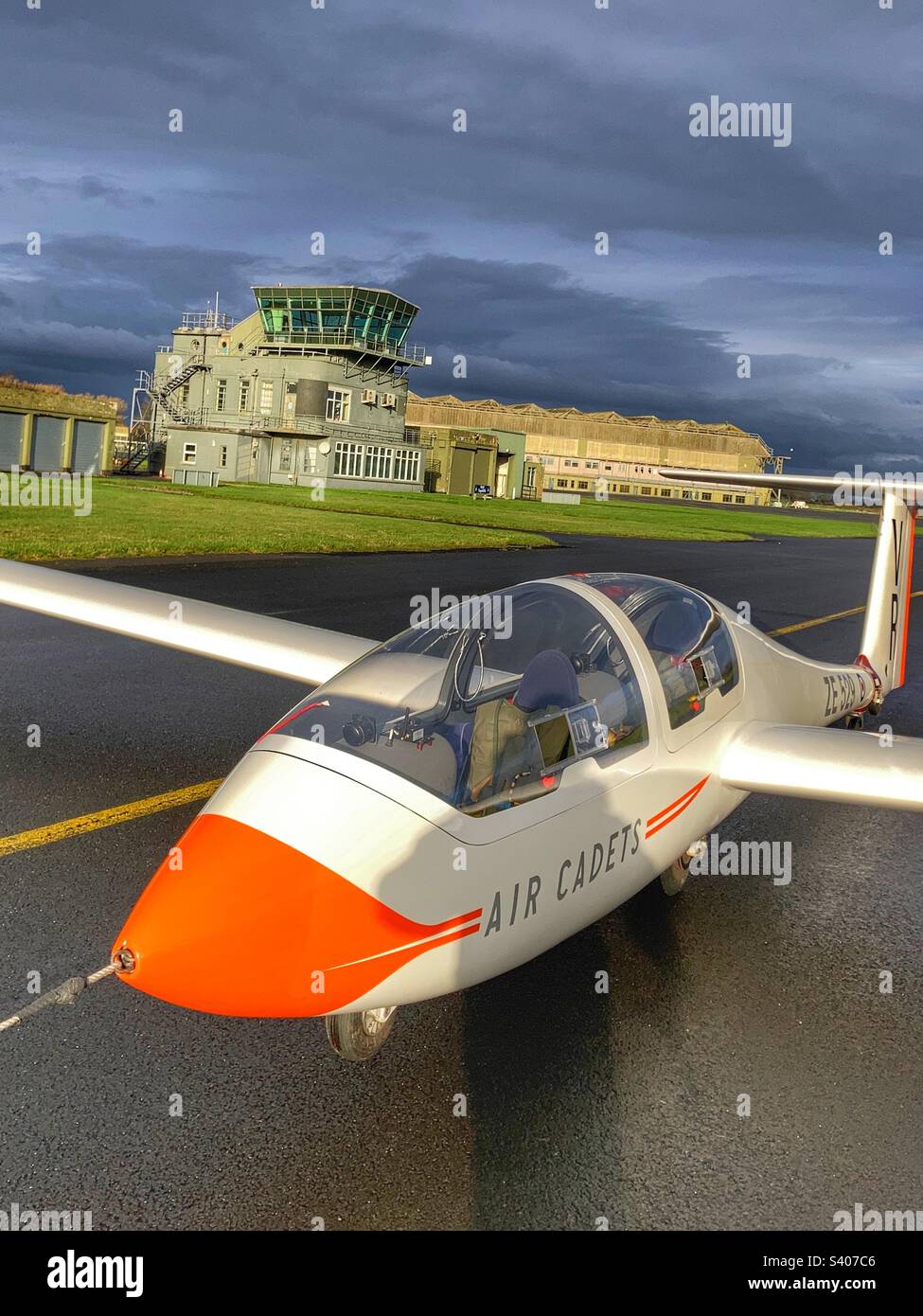 Air Cadets Viking glider in front of Air Traffic Control RAF Topcliffe North Yorkshire - Smartphone Captured Stock Image