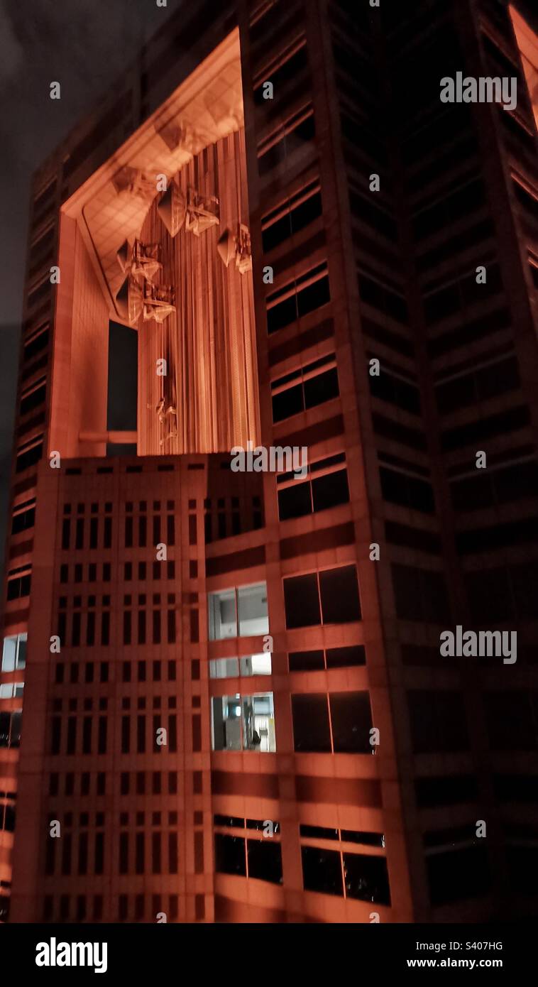 Top of the Tokyo municipality building in Shinjuku illuminated at night. - Smartphone Captured Stock Image