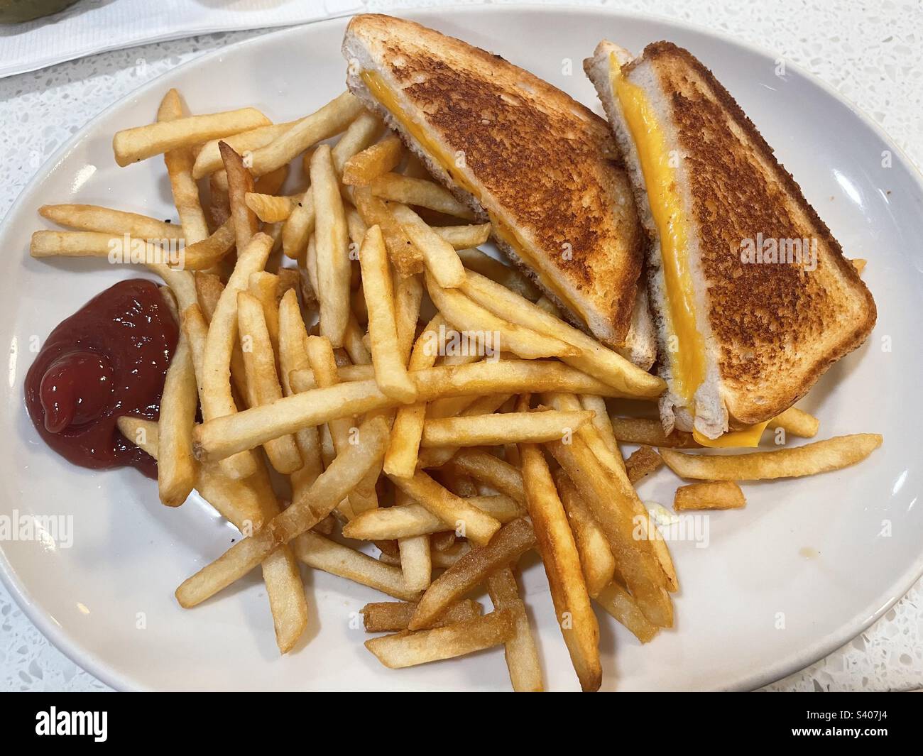 A large white plate holding a grilled cheese sandwich and french fries - Smartphone Captured Stock Image