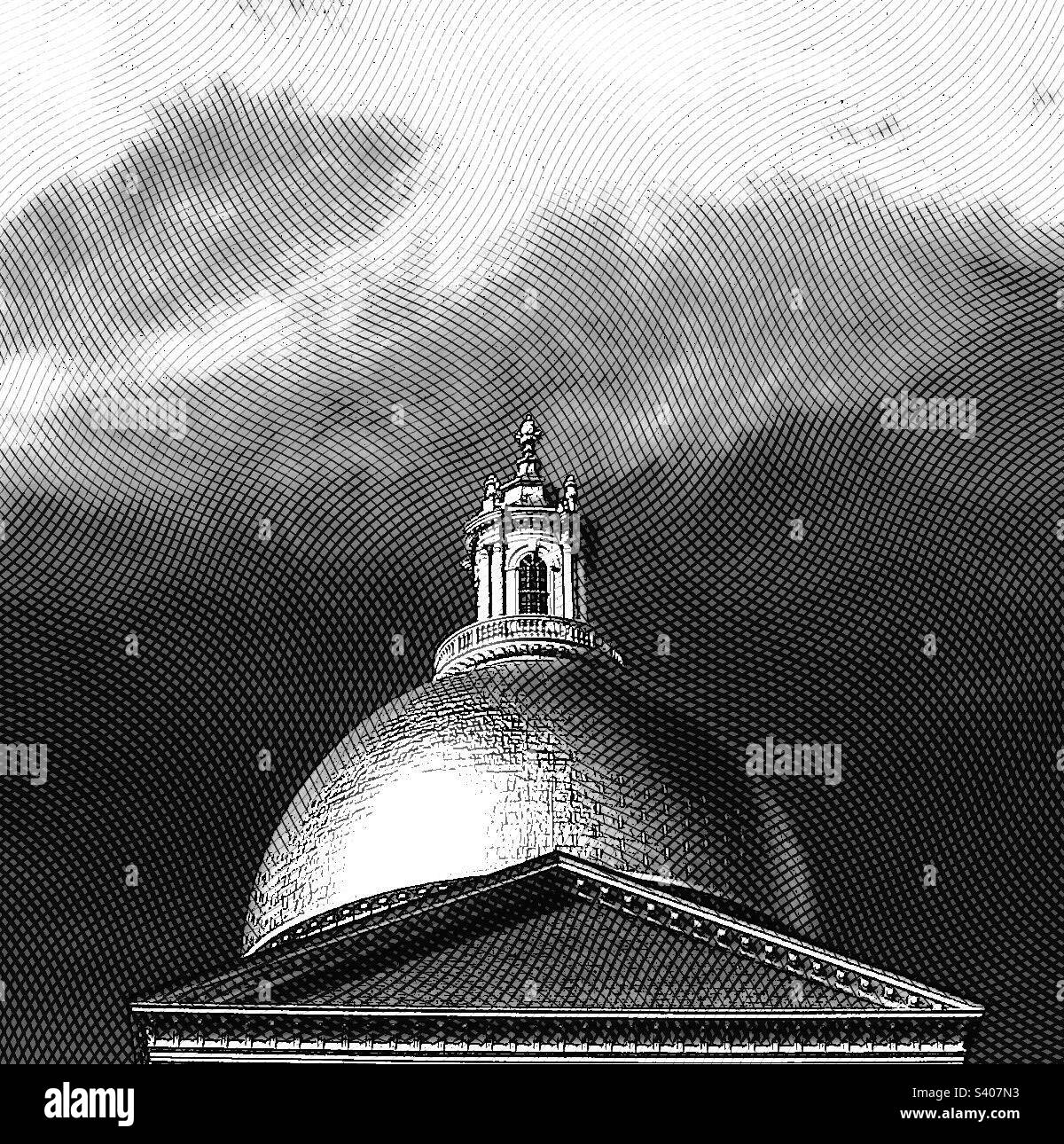 Boston, Massachusetts, USA - dome of MA State House with black and white and etching filters. Clouds in the sky as background. This is the capitol building and the seat of state government. Stock Photo
