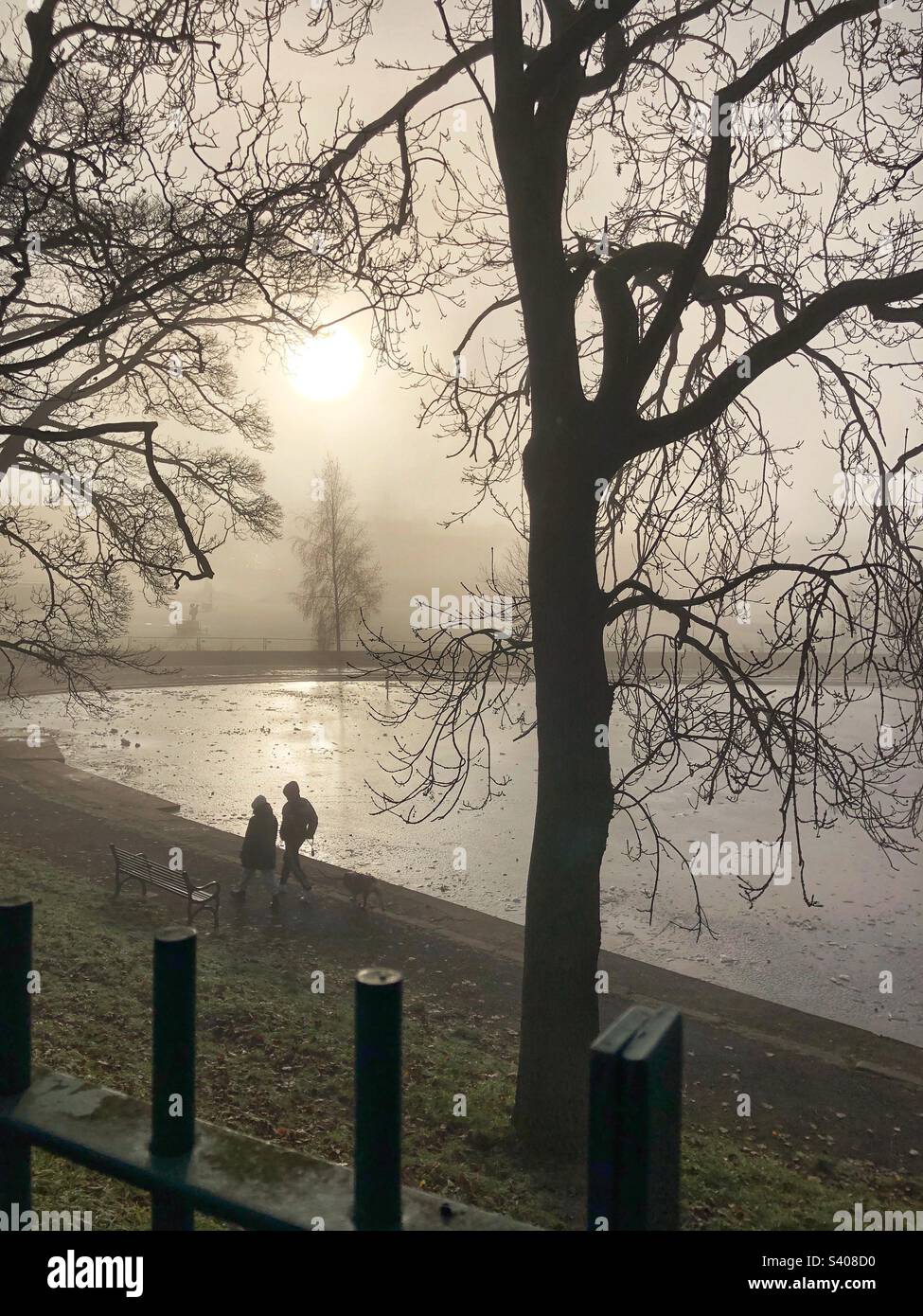 Freezing fog and a Frozen pond in Inverleith park, Edinburgh - Smartphone Captured Stock Image