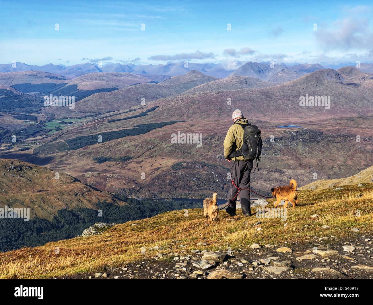 Man and two dogs on the summit of Munro Stob Binnein, Crianlarich Scotland - Smartphone Captured Stock Image