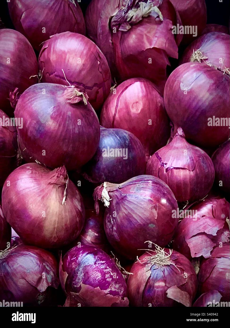 Lots of red onions at the market Stock Photo