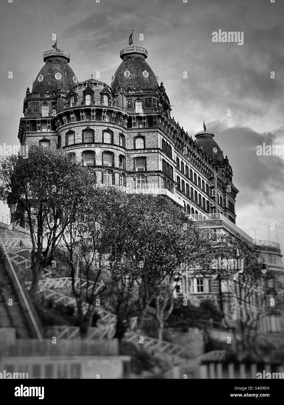 Black and white image of the Grand Hotel, Scarborough, North Yorkshire - Smartphone Captured Stock Image