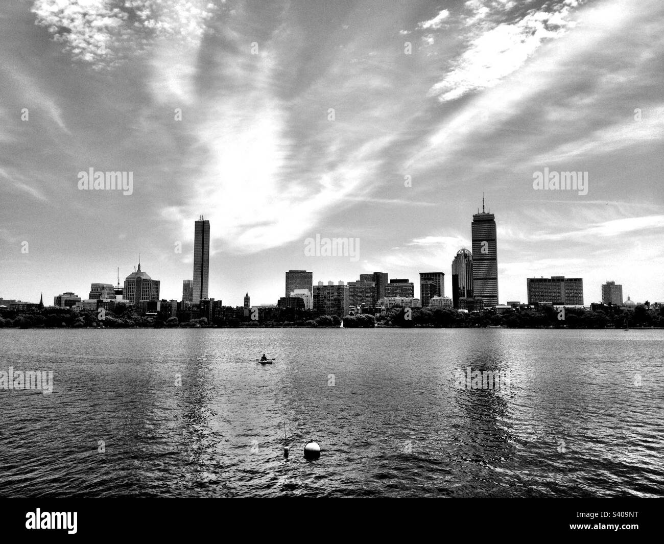 Skyline of Boston, Massachusetts, USA including the Prudential and John Hancock Tower, along with other buildings.  Black and white photo. - Smartphone Captured Stock Image