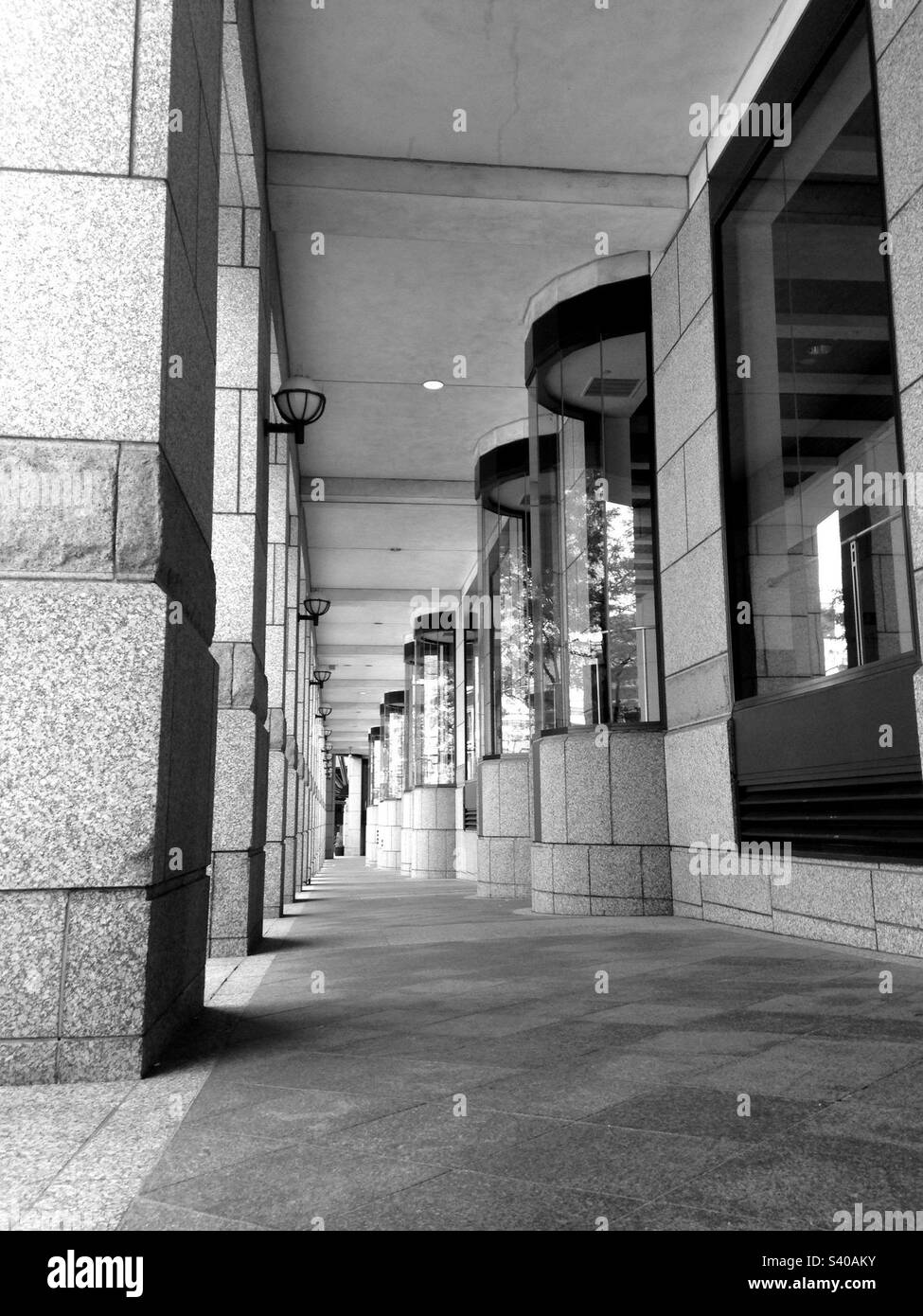 John B. Hynes Veterans Memorial Convention Center in Boston, Massachusetts, USA. Exterior view of first floor outside in Back Bay area. Black and white photo. Stock Photo