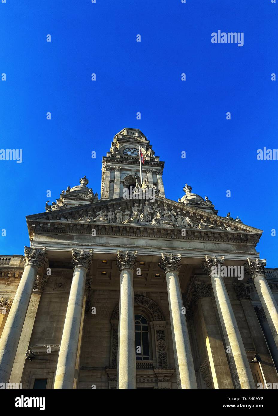 Portsmouth city Guildhall Hall columns and clock tower Stock Photo Alamy