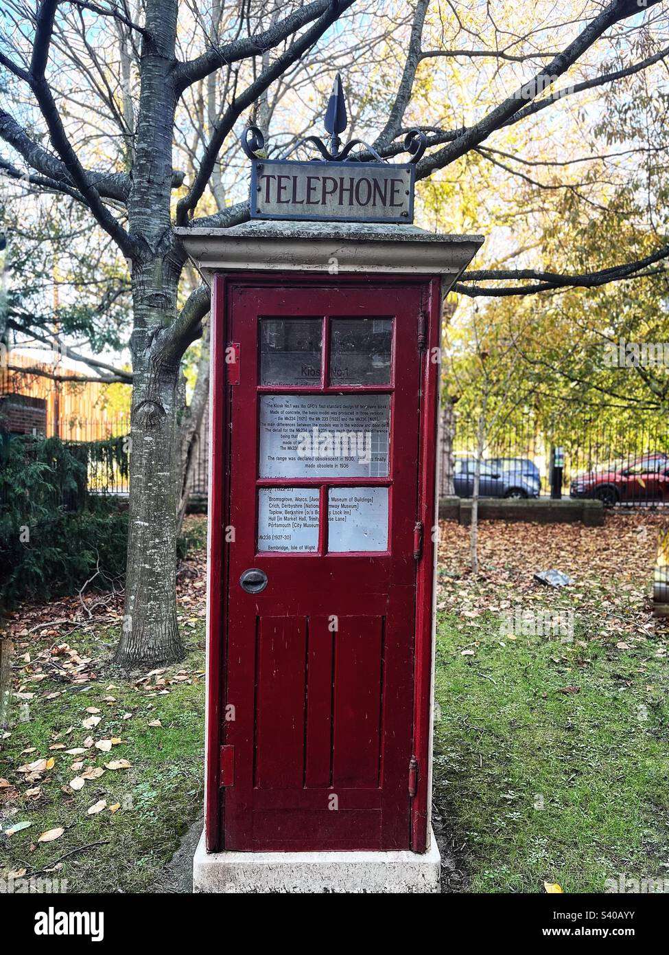 The Kiosk No.1 was the GPO's first standard design -of telephone box seen in the grounds of the Portsmouth Museum - Smartphone Captured Stock Image