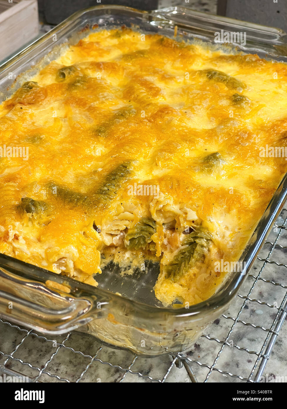 Homemade macaroni and cheese made with Tricolor rotini noodles Stock