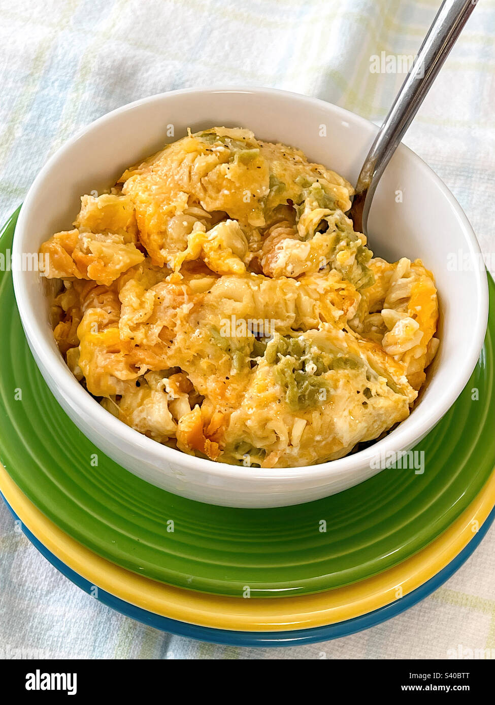 Homemade macaroni and cheese made with Tricolor rotini noodles Stock