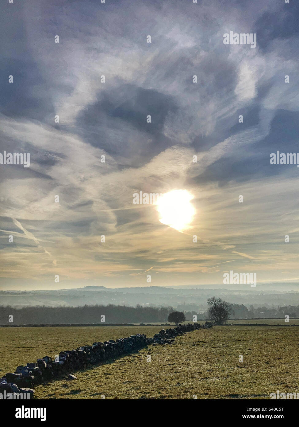 Winter sun over fields in Guiseley West Yorkshire - Smartphone Captured Stock Image