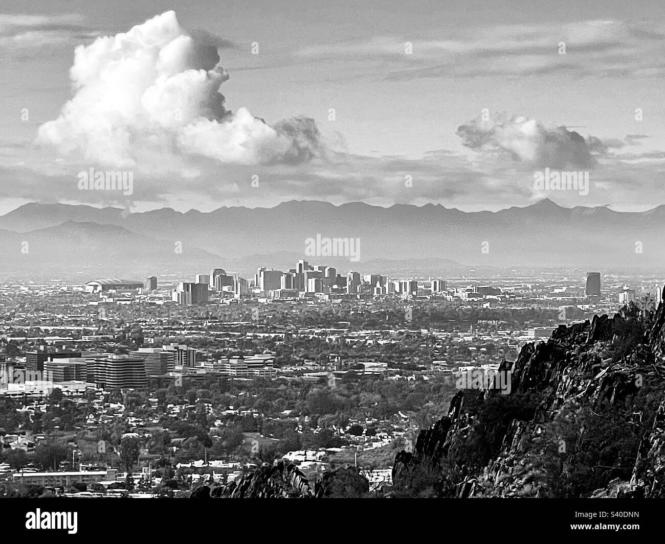 Phoenix skyline viewed from rocky slopes of Phoenix Mountain Preserve