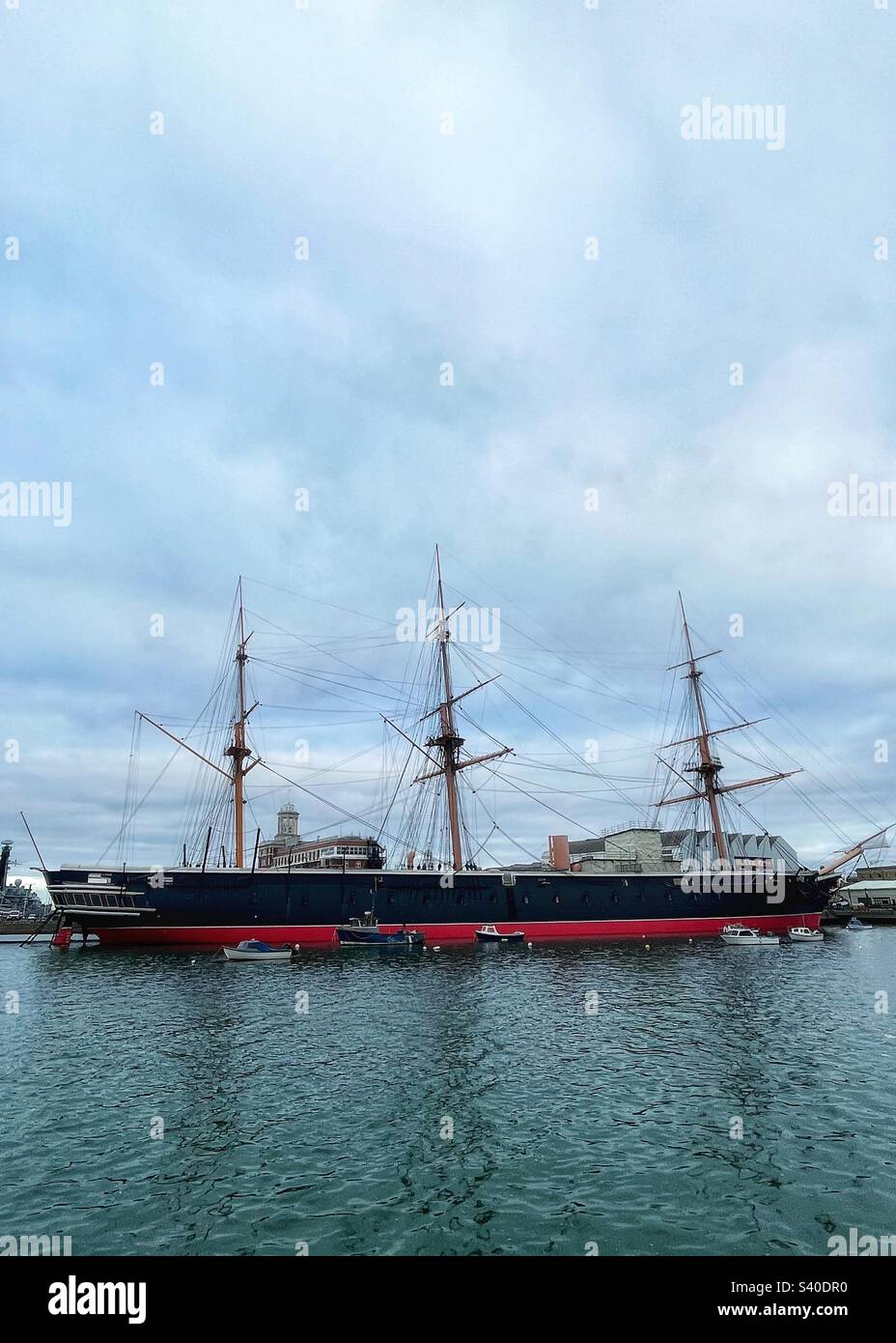 HMS Warrior is a 40-gun steam-powered armoured frigate for the Royal Navy in 1859–1861. It is preserved heritage asset in Portsmouth harbour Stock Photo