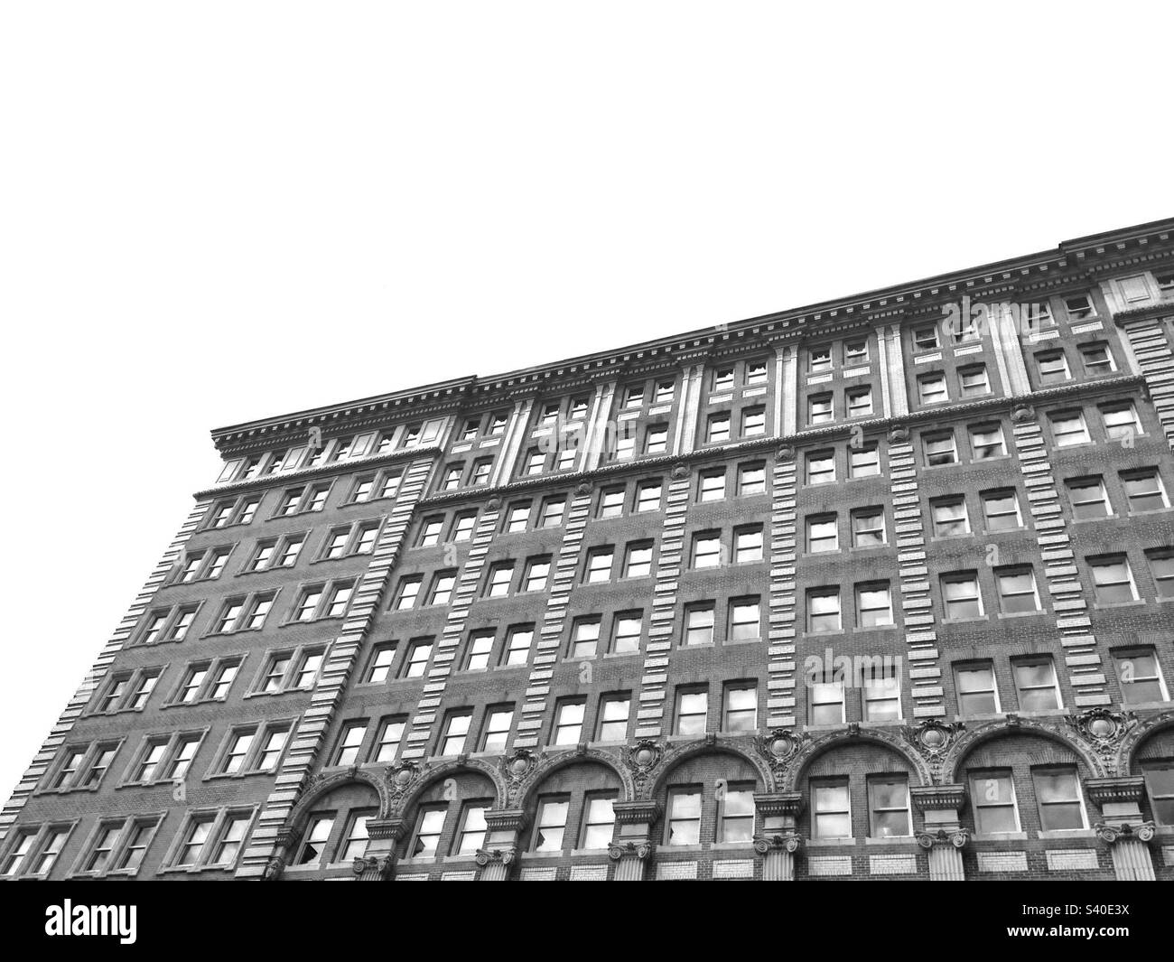 Top portion of older building in Boston, Massachusetts, USA. Black and white architectural photo. - Smartphone Captured Stock Image