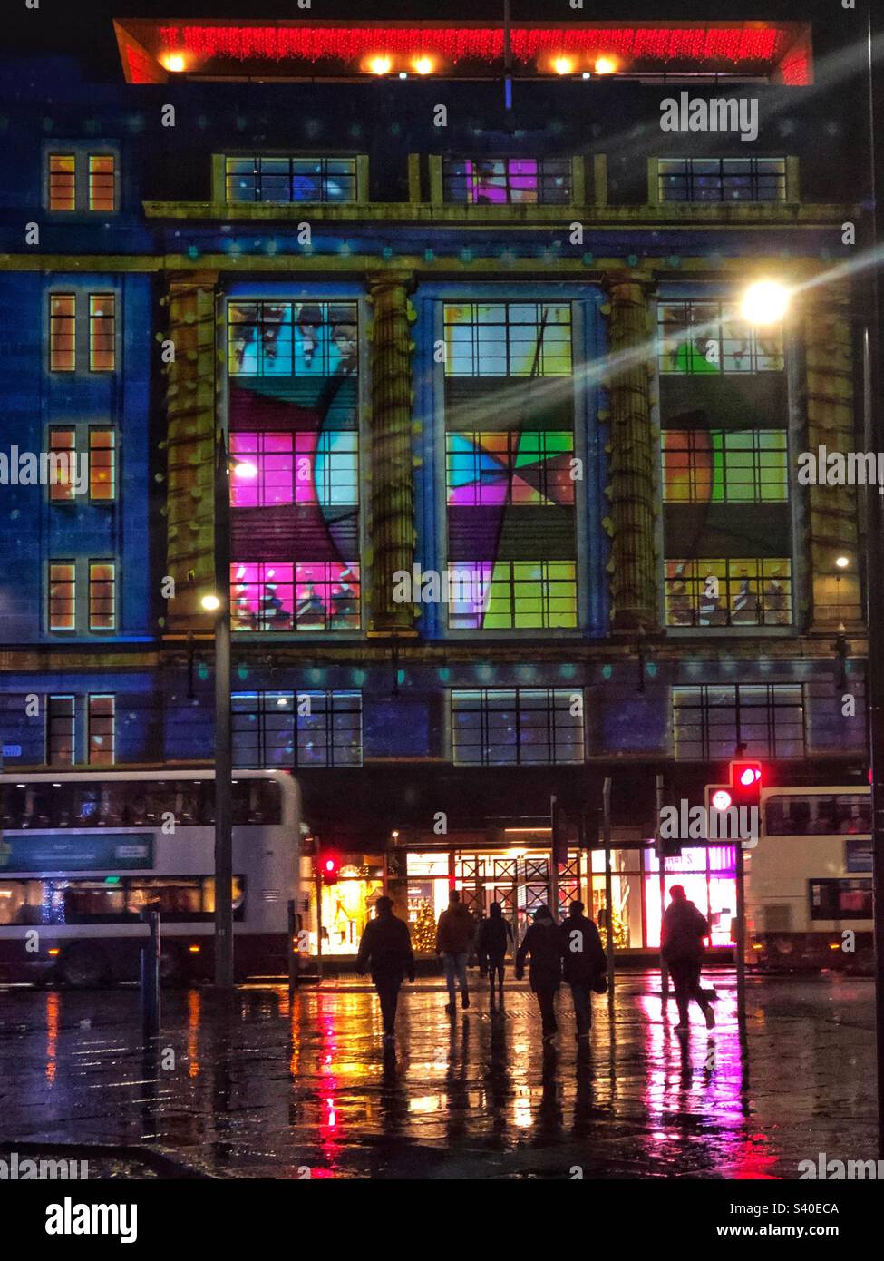 Edinburgh west end Christmas decorations and lights at the Johnnie Walker Whisky experience, Edinburgh Scotland - Smartphone Captured Stock Image