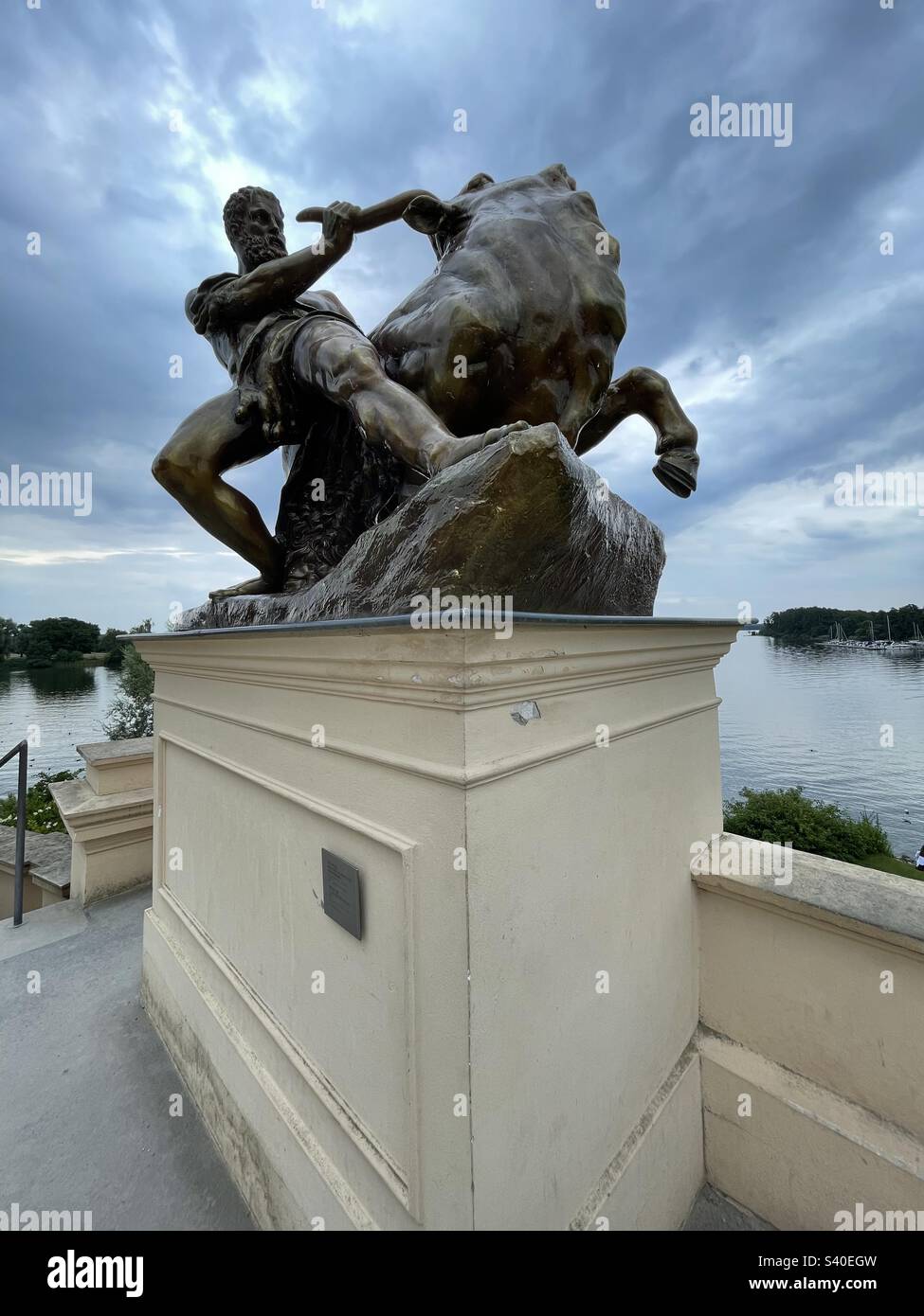 Man fighting a bull. Statue at Schwerin Castle Germany - Smartphone Captured Stock Image
