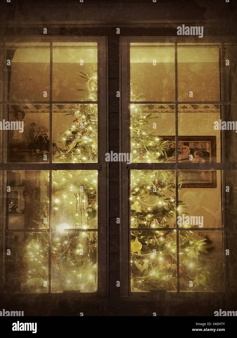 A beautiful artificial fir Christmas tree alighted with white lights as seen from the outside of this Utah home. IOS app Snapseed was used to give the image a vintage and grunge texture  and look. - Smartphone Captured Stock Image