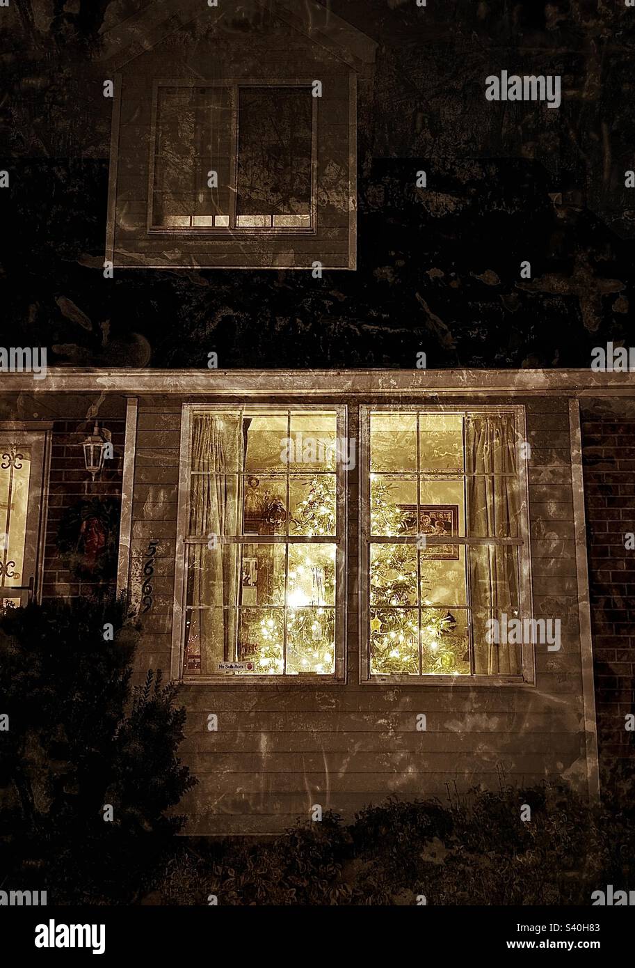 A beautiful artificial fir Christmas tree alighted with white lights as seen from the outside of this Utah home. IOS app Snapseed was used to give the image a vintage and grunge texture  and look. - Smartphone Captured Stock Image