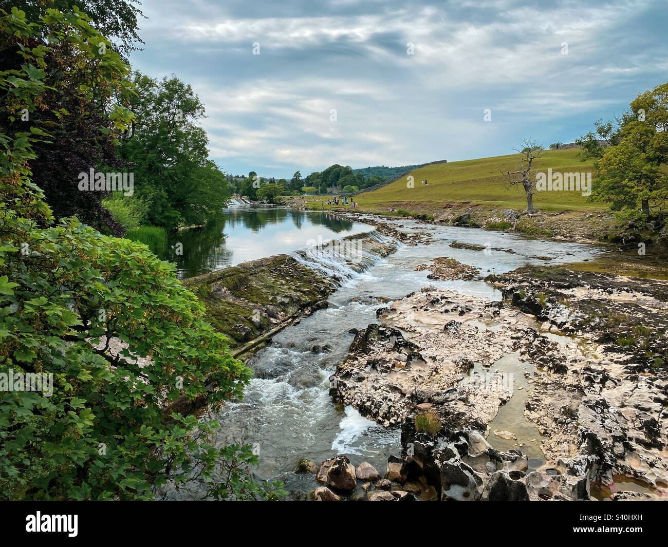 Low water levels at Linton Falls, Grassington during the long hot summer of 2022, Yorkshire, UK - Smartphone Captured Stock Image
