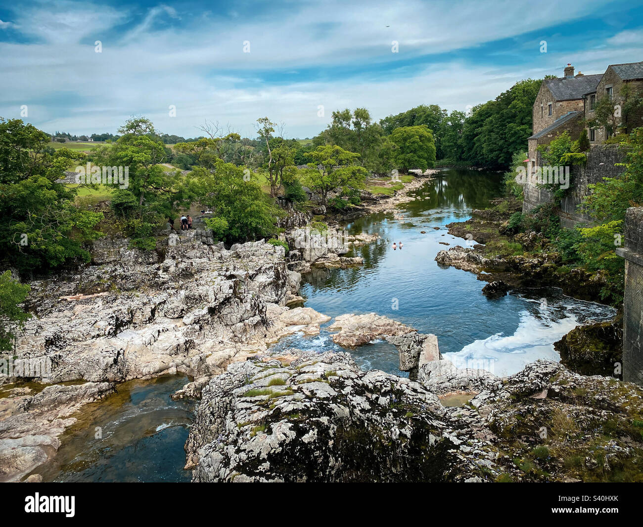 Low water levels at Linton Falls, Grassington during the long hot summer of 2022, Yorkshire, UK - Smartphone Captured Stock Image