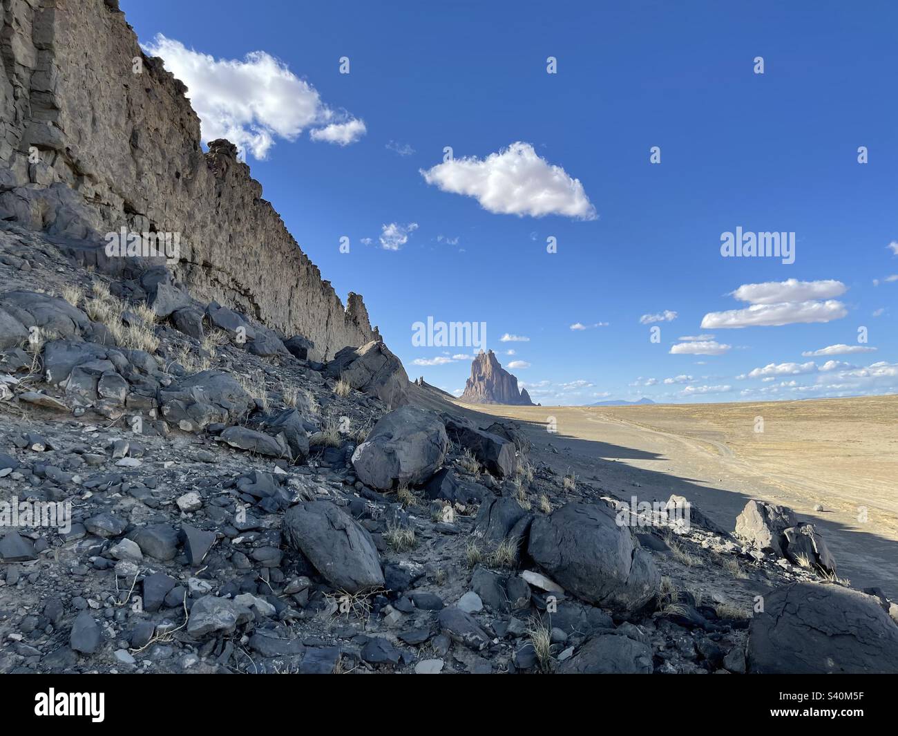 Shiprock, a volcanic neck, at the Navajo Nation land in San Juan County, New Mexico Stock Photo