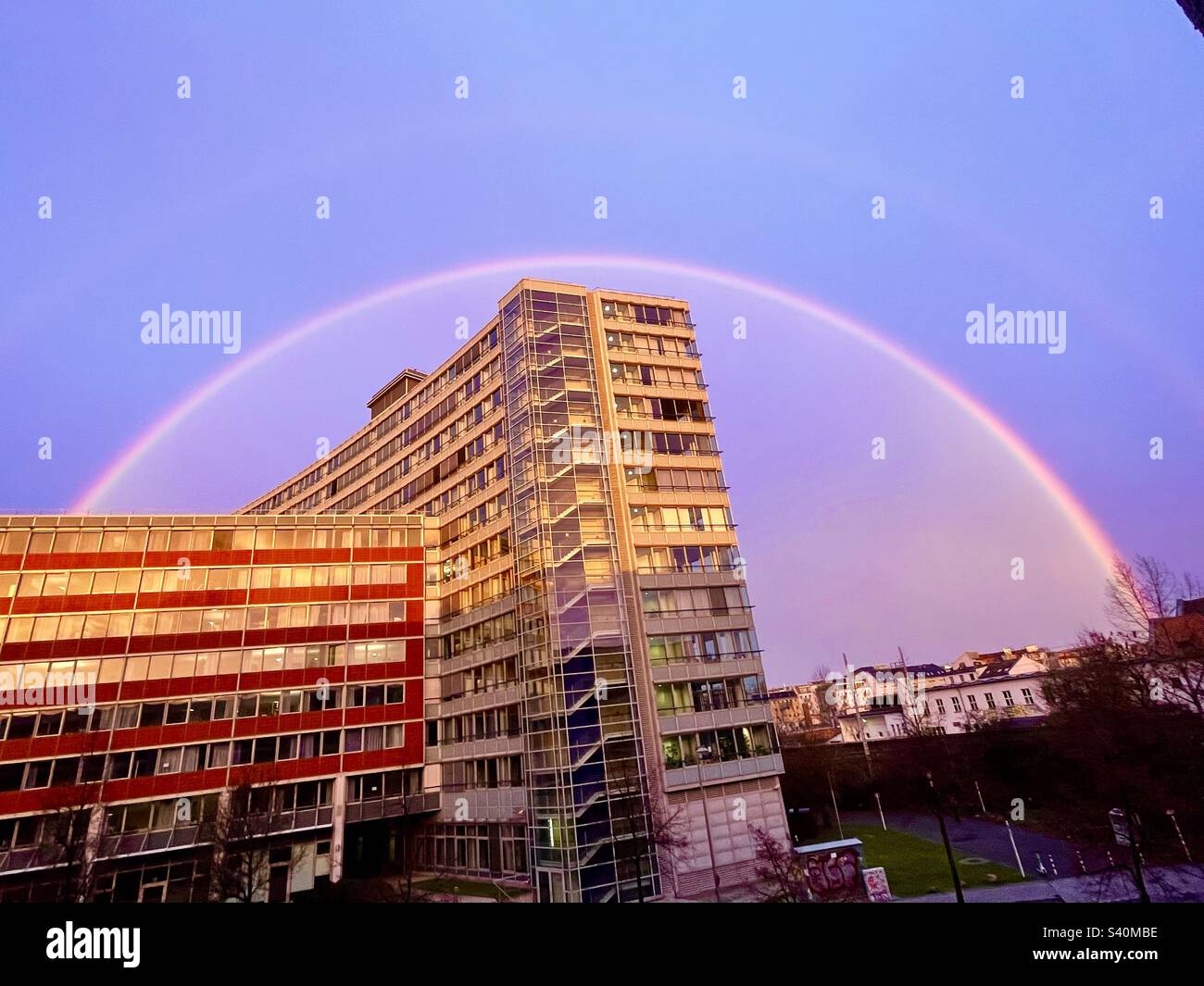 Full rainbow over Berlin Germany January 2023 Stock Photo