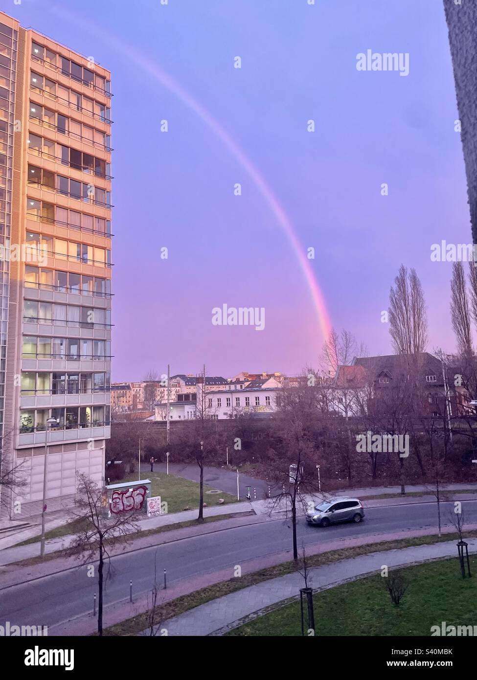 Rainbow at sunrise in Berlin Germany - Smartphone Captured Stock Image