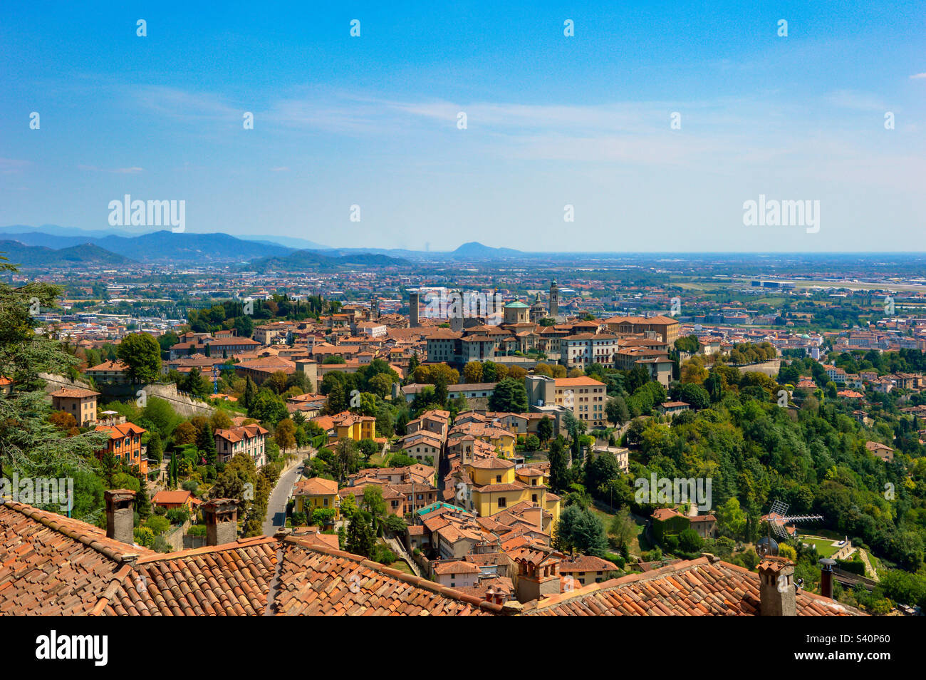 Panoramic view of Bergamo Alta seen from Monte San Virgilio Stock Photo
