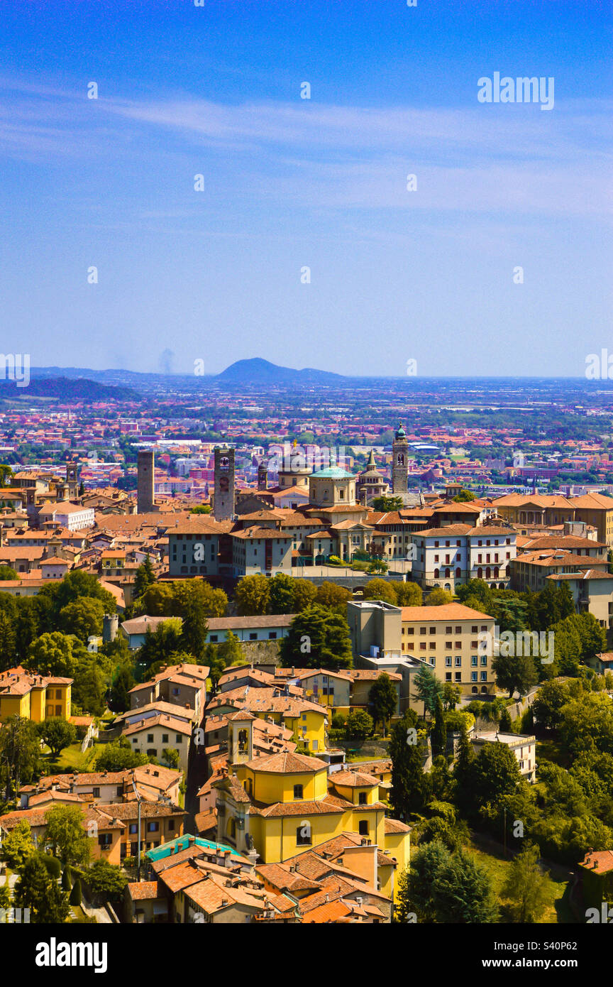 View of the center of Bergamo Alta in Italy pictured on a sunny day from the top of Monte San Virgilio Stock Photo