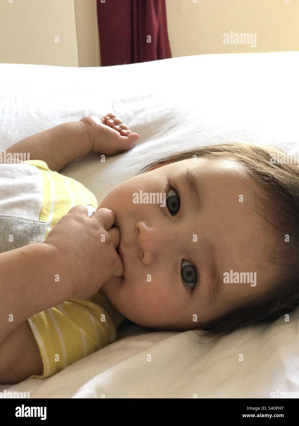 Baby chewing hand Stock Photo