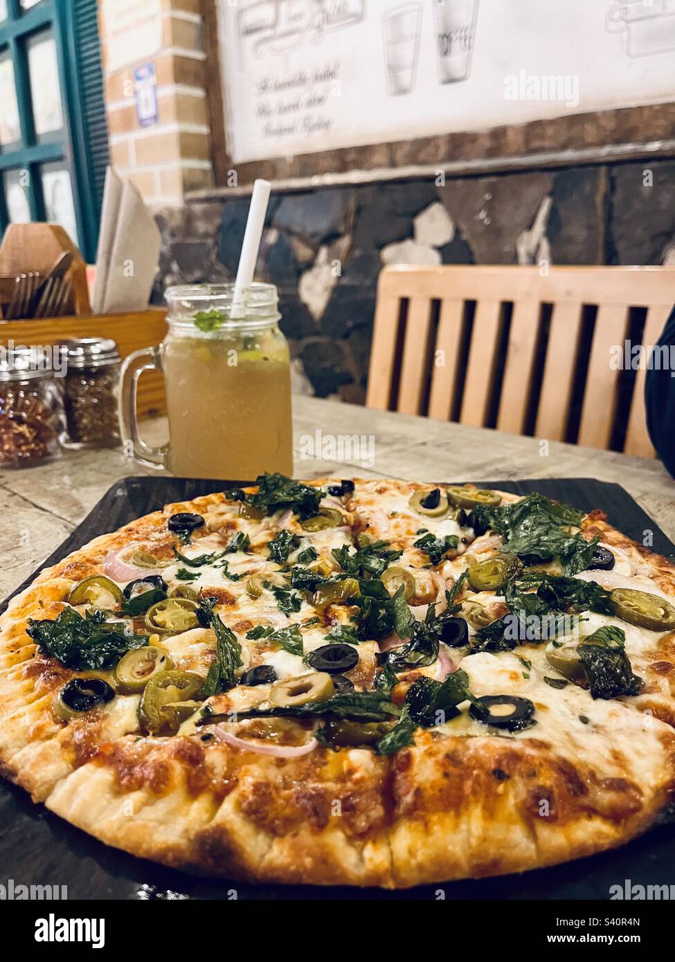 Pizza and Lemonade at a beautiful cafe Stock Photo Alamy