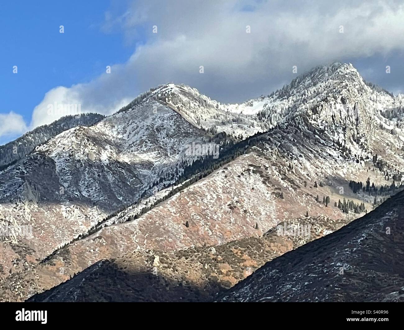 Freshly snow covered Wasatch mountain range just east of Salt Lake City in Utah, USA. Stock Photo