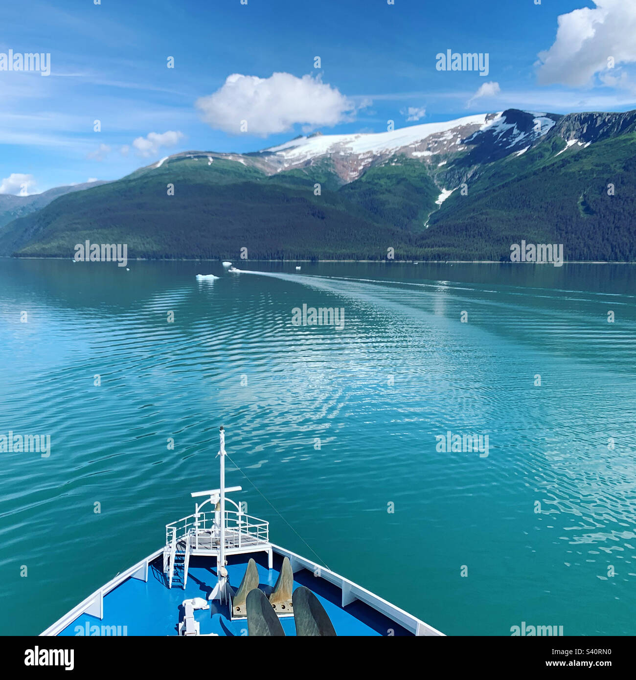 August, 2022, view from the Carnival Spirit cruise ship sailing towards Tracy Arm Fjord, Alaska, United States - Smartphone Captured Stock Image