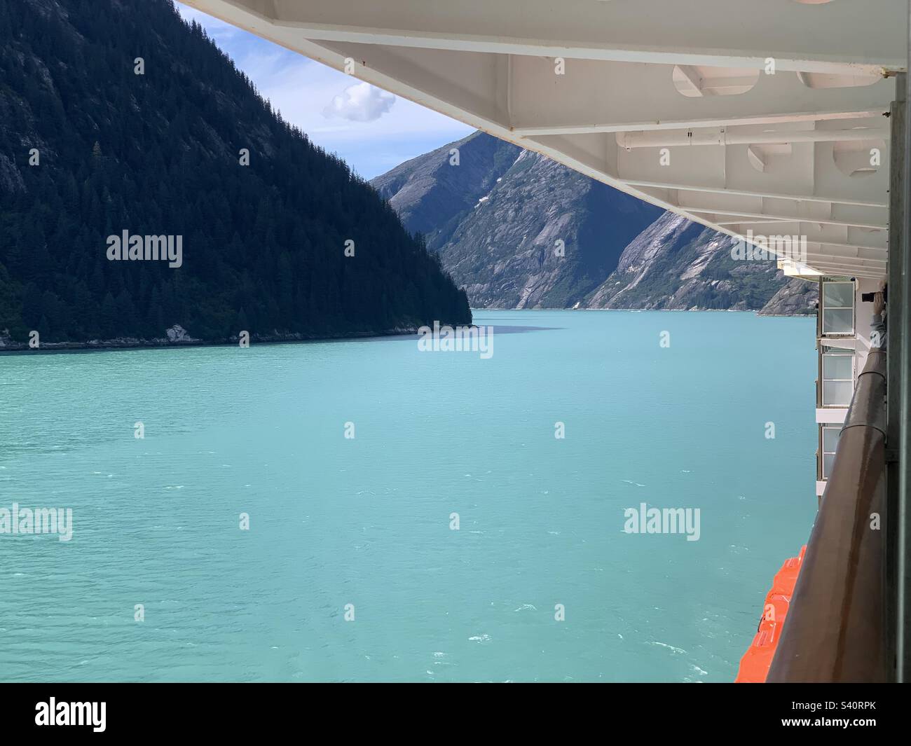 August, 2022, view from a balcony on the Carnival Spirit as it sails through Tracy Arm Fjord, Alaska, United States - Smartphone Captured Stock Image