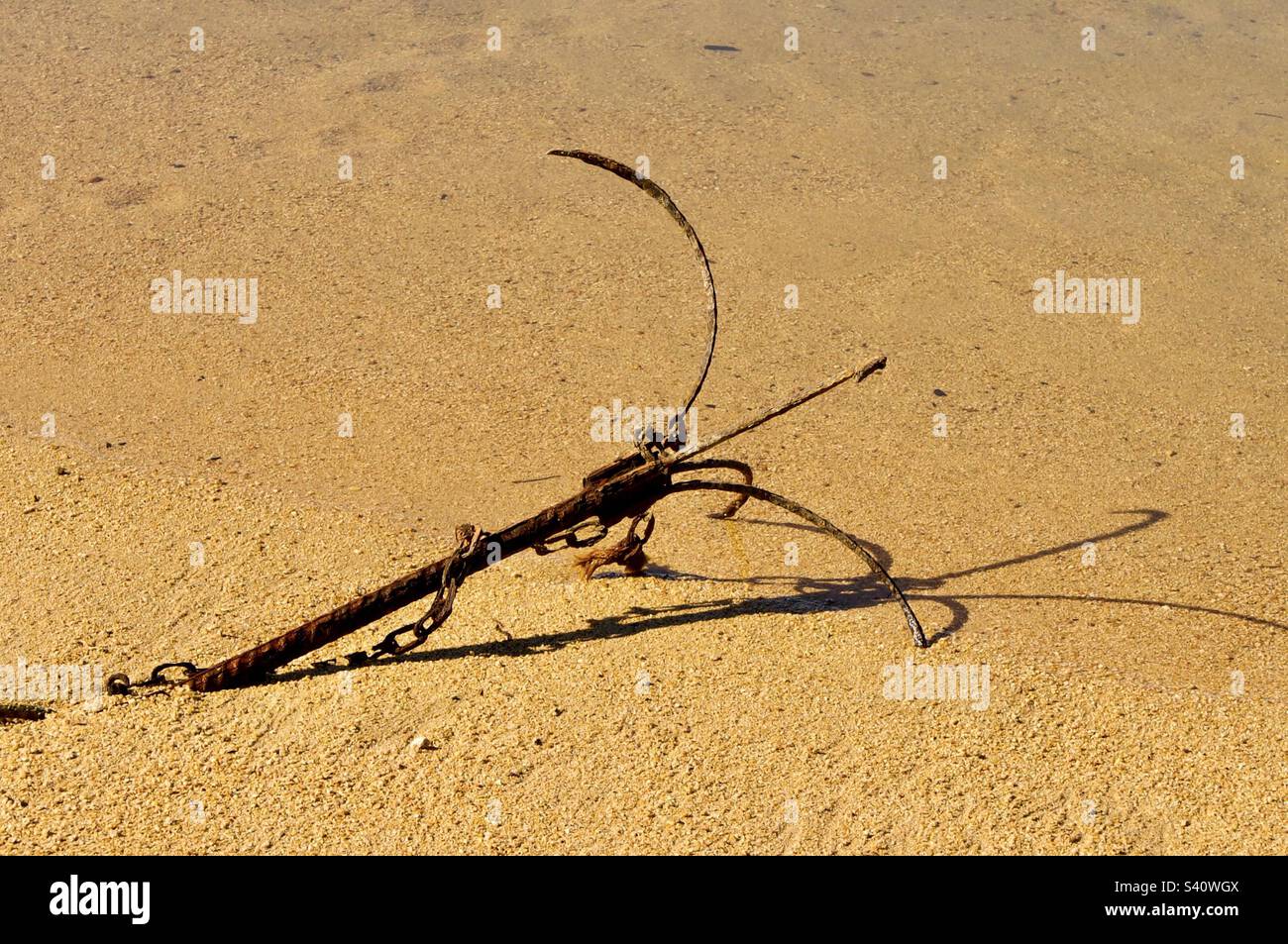 A rusted anchor in shallow water. - Smartphone Captured Stock Image